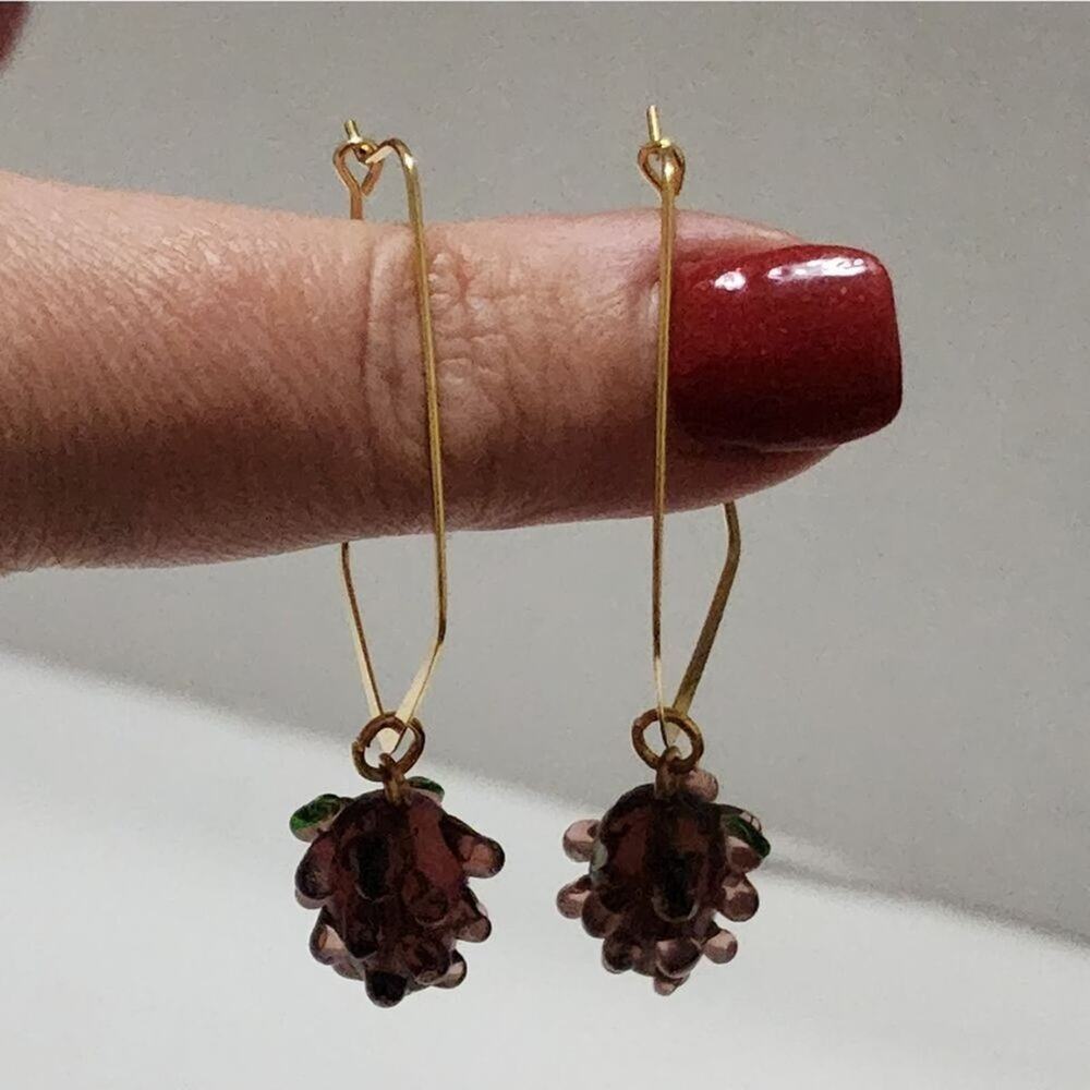 Natasha Gold Geometric Hoop Earrings Purple Glass Grape Cluster Fruit Dangle New